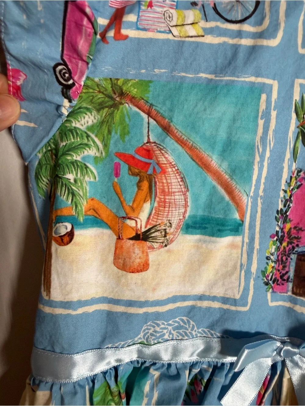 Patachou Girls Blue Postcard Beach Print Dress Size 8Y Cotton Peter Pan Collar